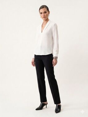 White Crinkle Pleated Blouse V-Neck Long Sleeve Plisse Tunic Top Layering Shirt